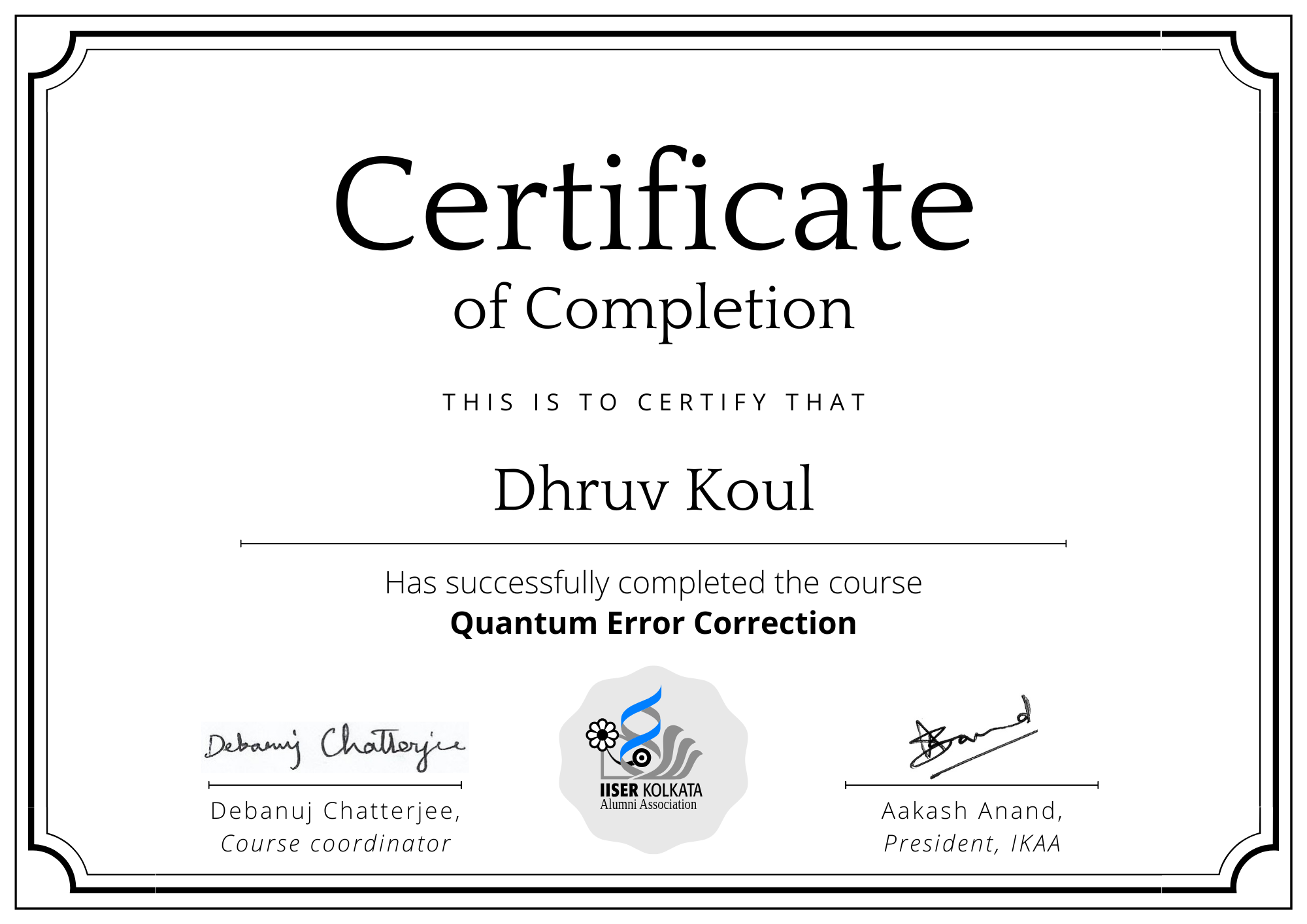 Quantum Error Correction Certificate
